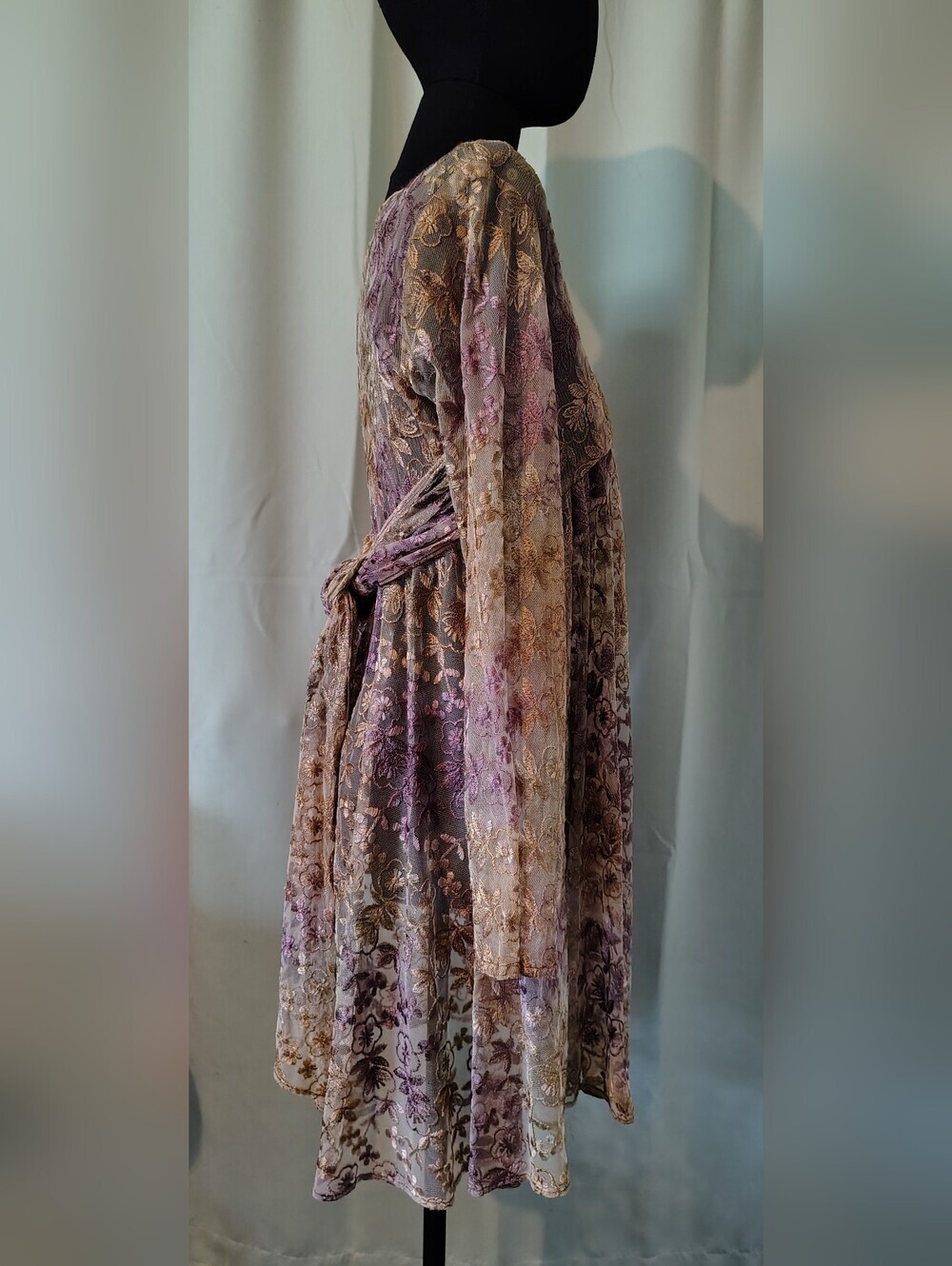 Wednesday's Child Mauve Gold Embroidery Floral Lace Dress Large Boho Vintage - Picture 7 of 16